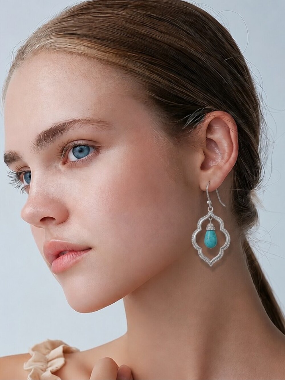 NWT PURE for Nadine West Silver Openframe Turquoise Drop Earrings ~1 3/4"